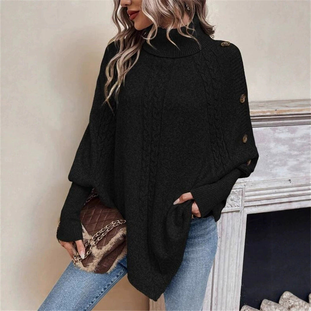 Women's Chunky Knit Sweater with Modern Mock Neck and Playful Button Details
