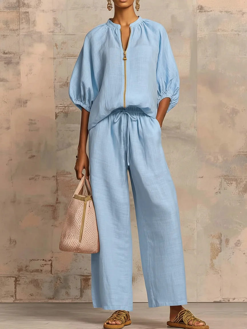 Women's Airy Two-Piece Set with Modern Collar and Zipper