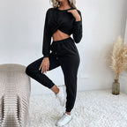 Women's Casual Two-Piece Jogging Suit with Cropped Top and Flexible Waist