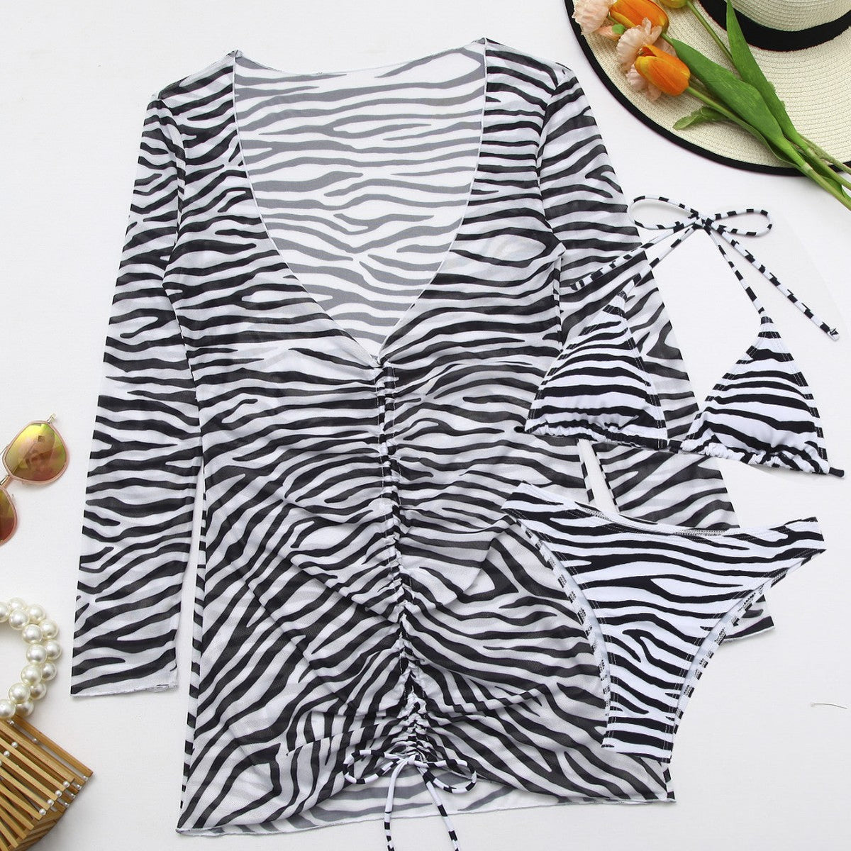 Women's Swimsuit with Integrated Knot and Fashionable Zebra Pattern