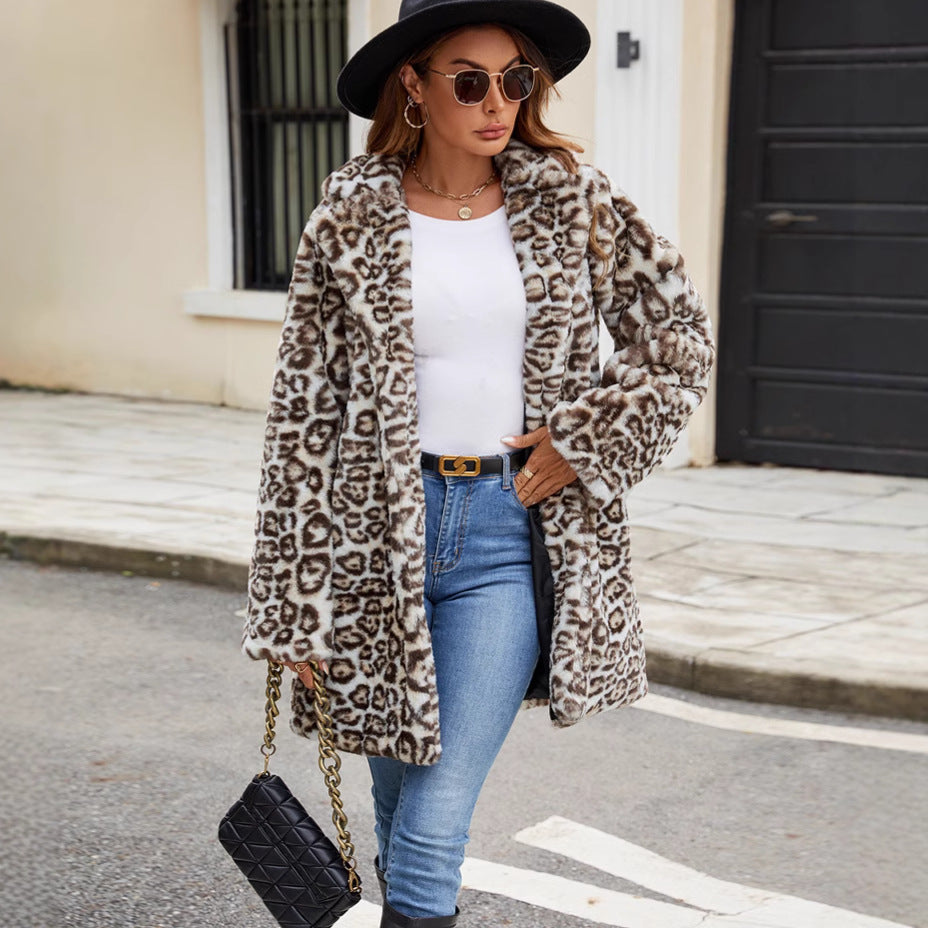 Elegant Leopard Print Faux Fur Coat