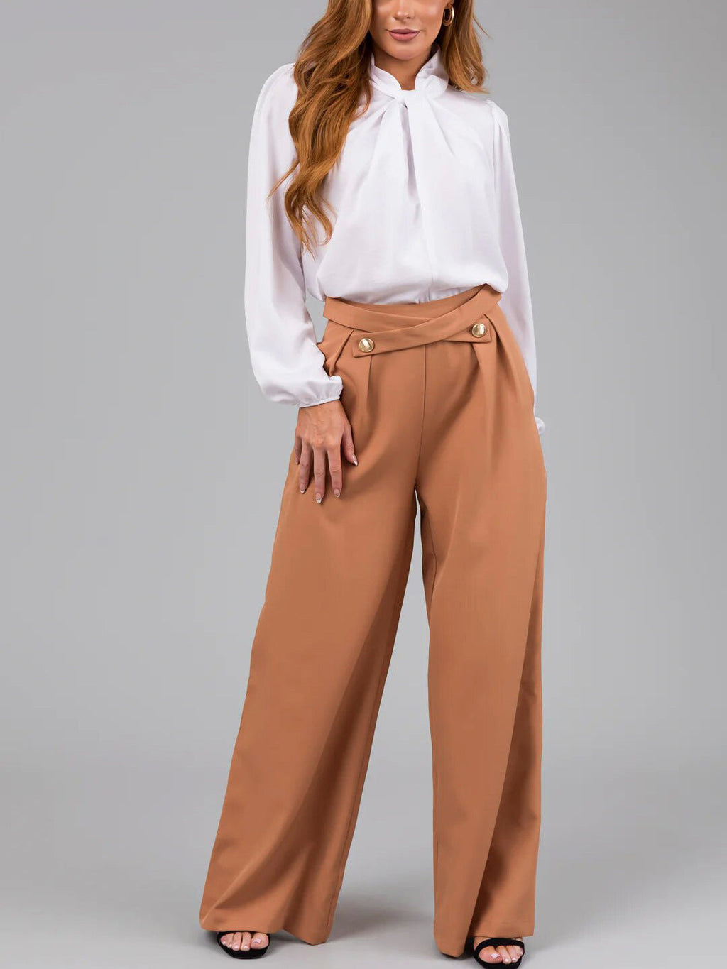 Women's Elegant Blouse with Bow Collar and Wide-Leg Trousers