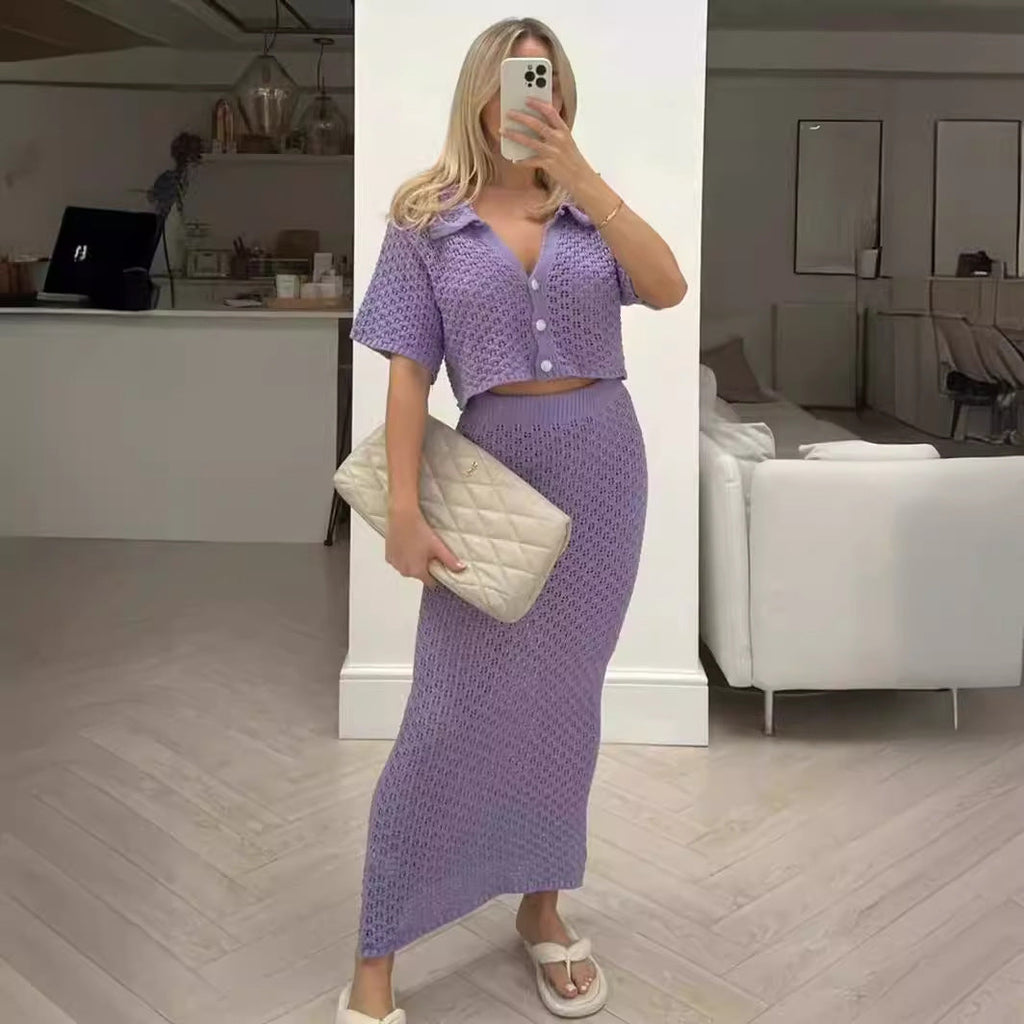 Women's Casual Knit Set with Cropped Jacket and Wrap Skirt