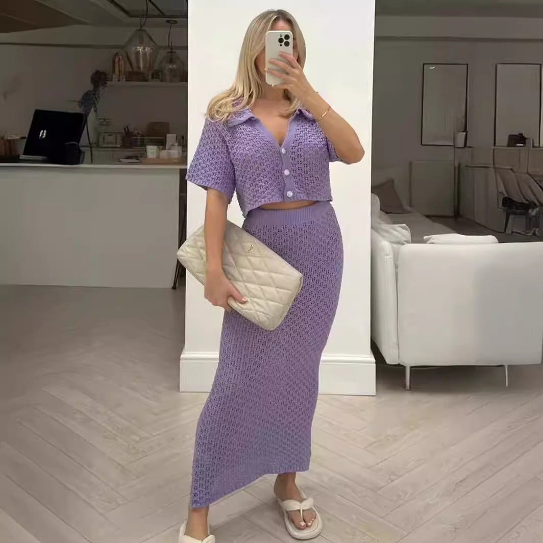 Women's Casual Knit Set with Cropped Jacket and Wrap Skirt