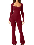 Women's Long Sleeve Romper with Square Neck and Wide Leg