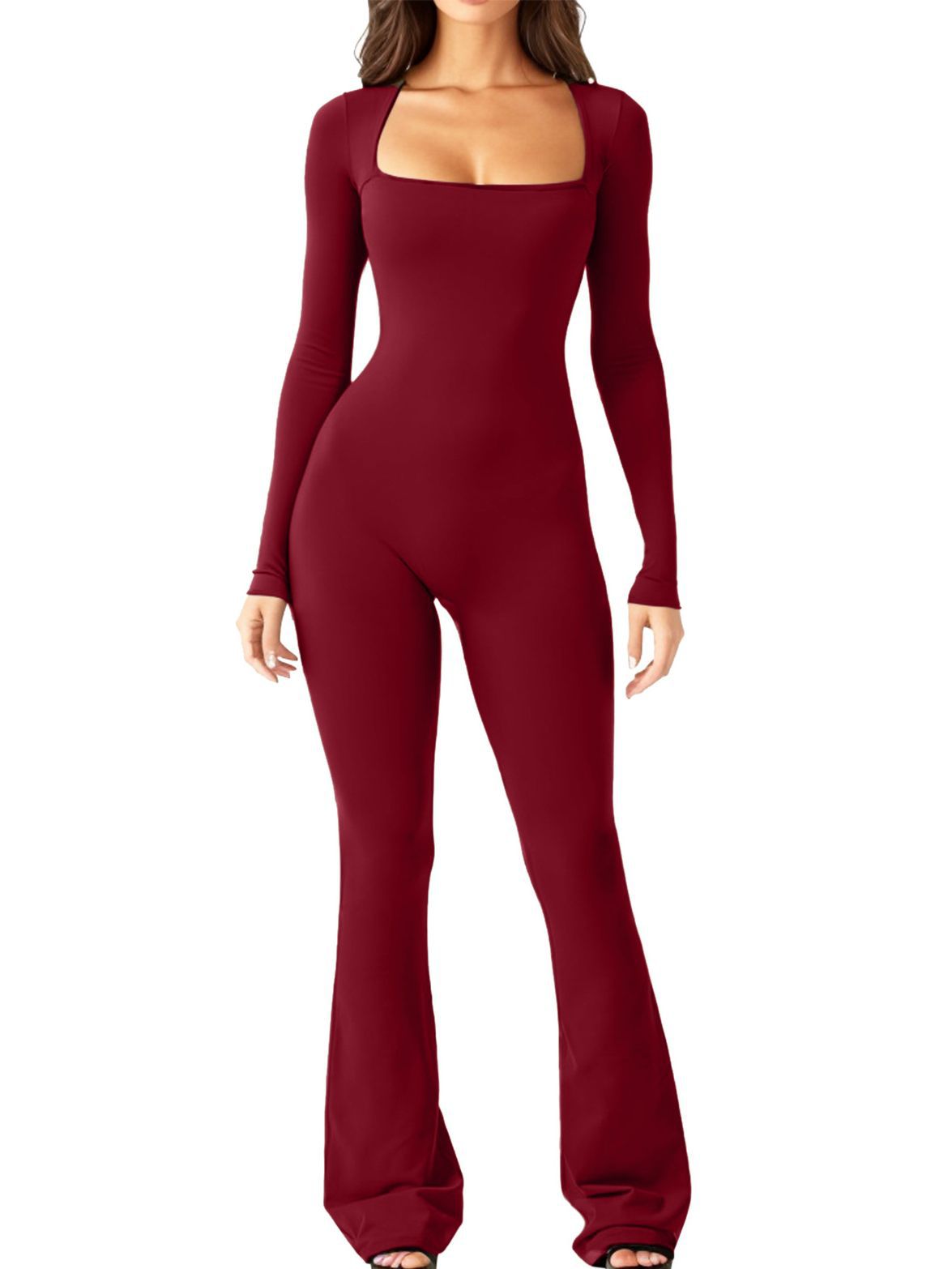 Women's Long Sleeve Romper with Square Neck and Wide Leg