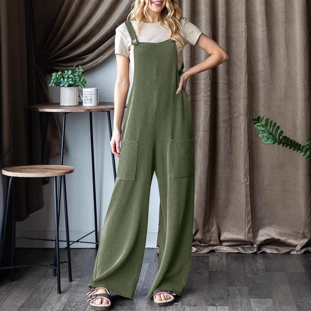 Women's Casual Corduroy Overalls with Pockets and Wide Legs
