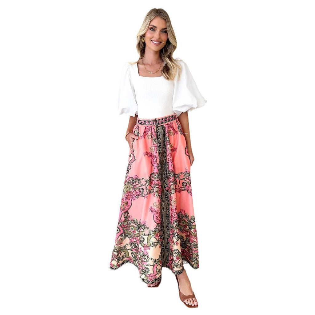 Women's Maxi Skirt with Ornate Embellishments and Elastic Waistband