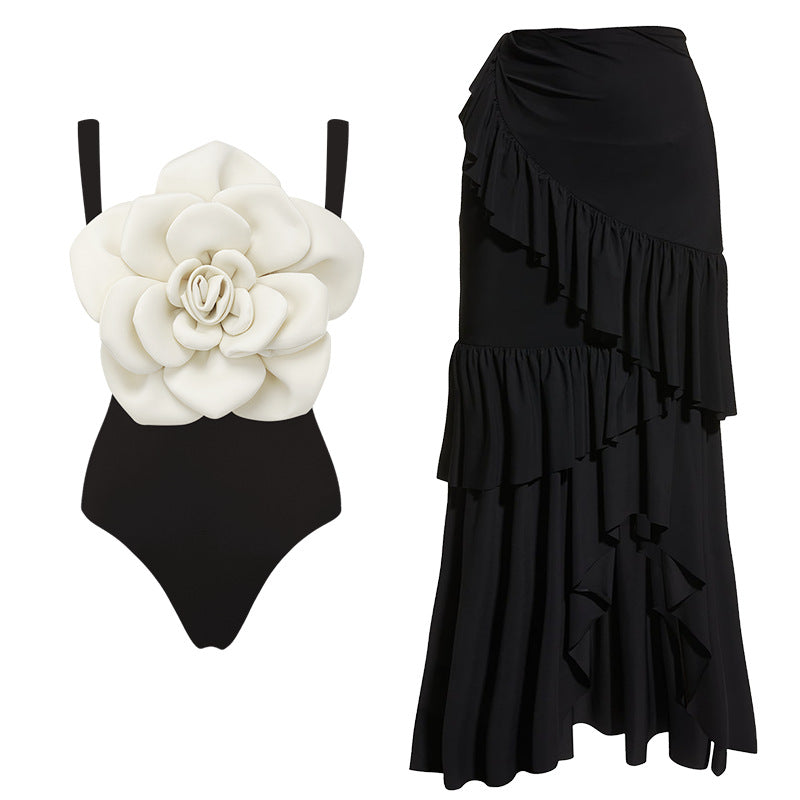 Women's Swimsuit with Floral Volume and Matching Wrap Skirt