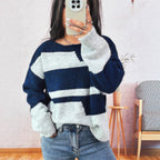 Women's Chunky Knit Sweater with Striped Pattern and Wide Cut