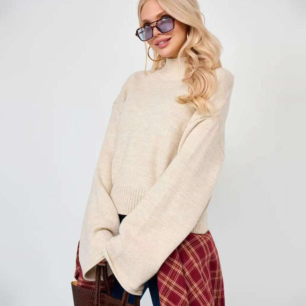 Elegant Oversized Sweater with Wide Cut and Stand-up Collar