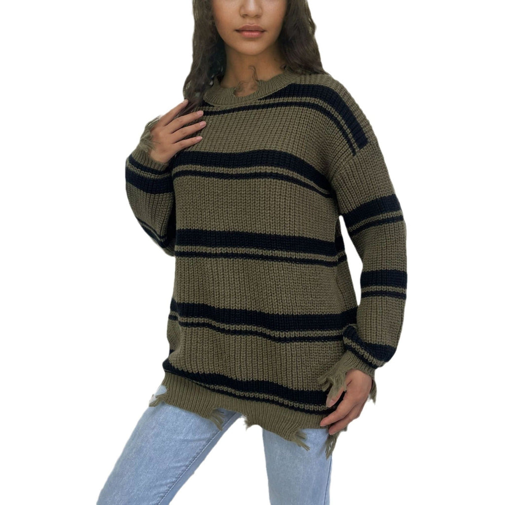 Women's Chunky Knit Oversized Sweater with Fringe and Stripes