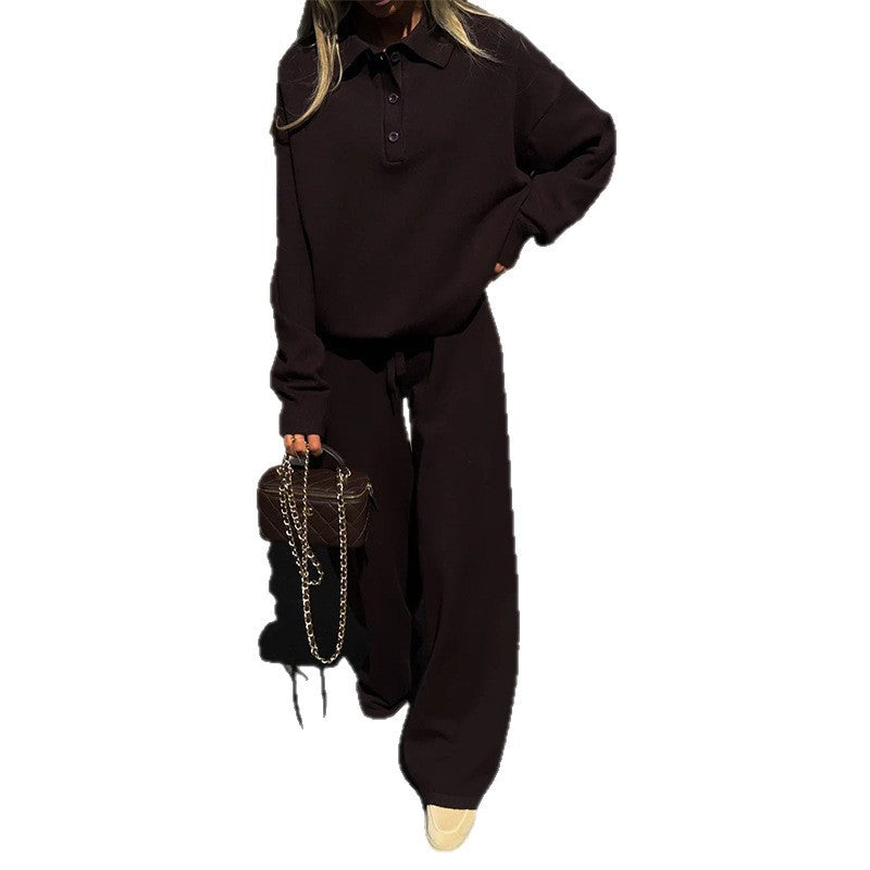 Women's Loungewear Combination with Loose Polo Shirt and Wide Pants