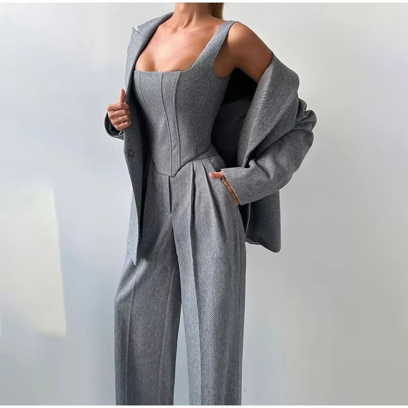 Blazer Suit with Fitted Top and Wide-Leg Trousers