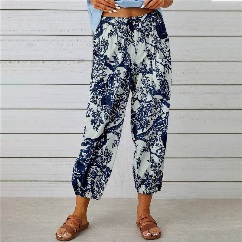 Women's Elegant Summer Trousers with Floral Pattern
