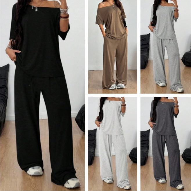 Women's Casual Lounge Set with Palazzo Pants and Off-Shoulder Top