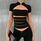 Women's Cropped Blouse Shirt in Durable Stretch Material with Elegant Stand-Up Collar