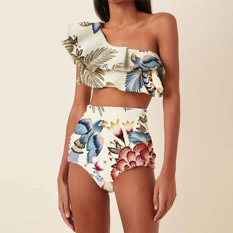 Women's Floral Ruffle Swimsuit Set with High-Waisted Shorts