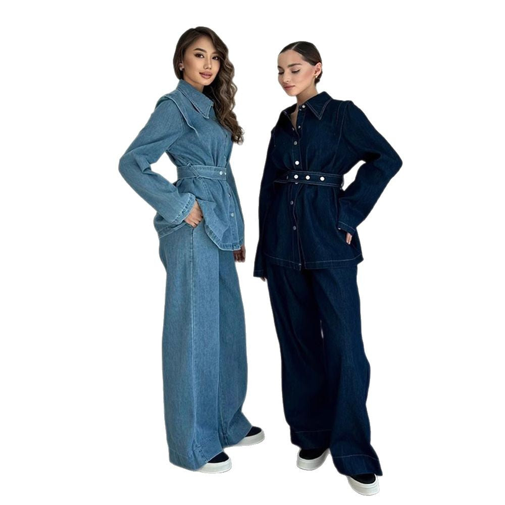 Women's Denim Jumpsuit with Elegant Belt and Wide Leg