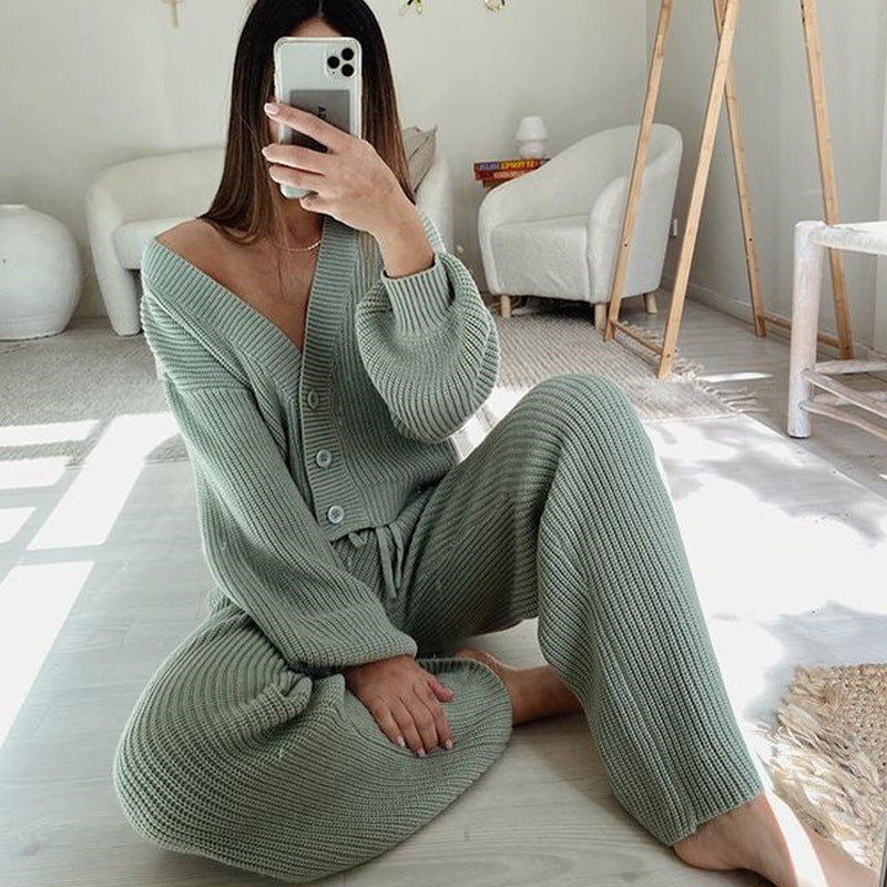 Women's Knit Loungewear Set with Buttons and Drawstring