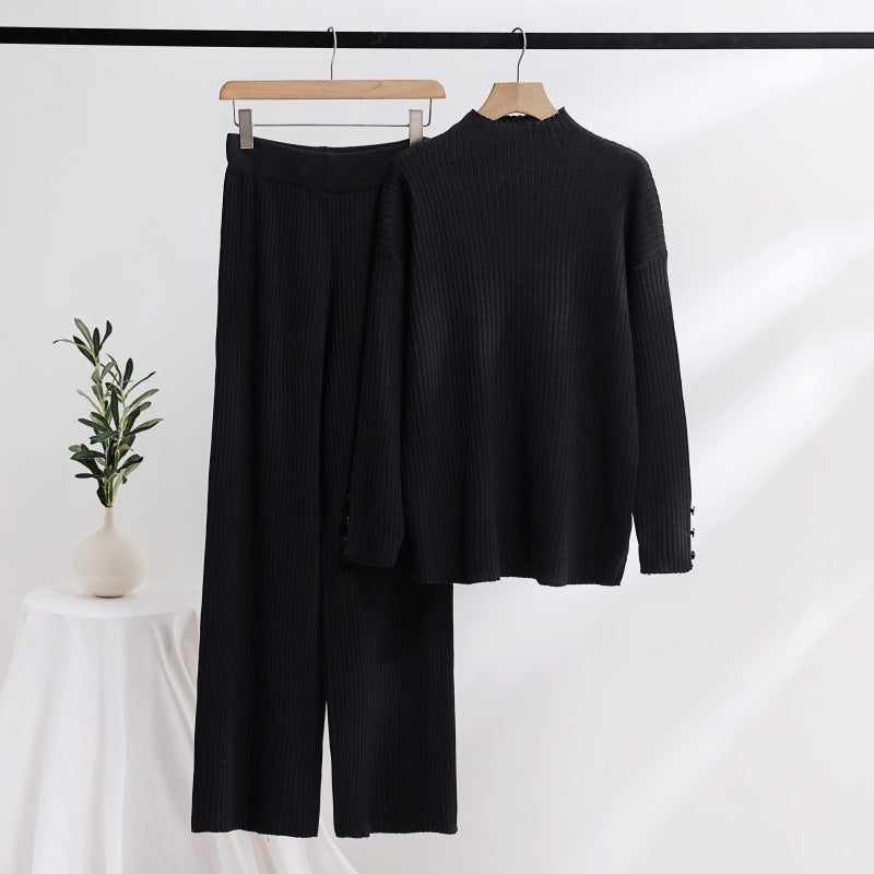 Women's Casual Knit Set with Stand-Up Collar and Button Details