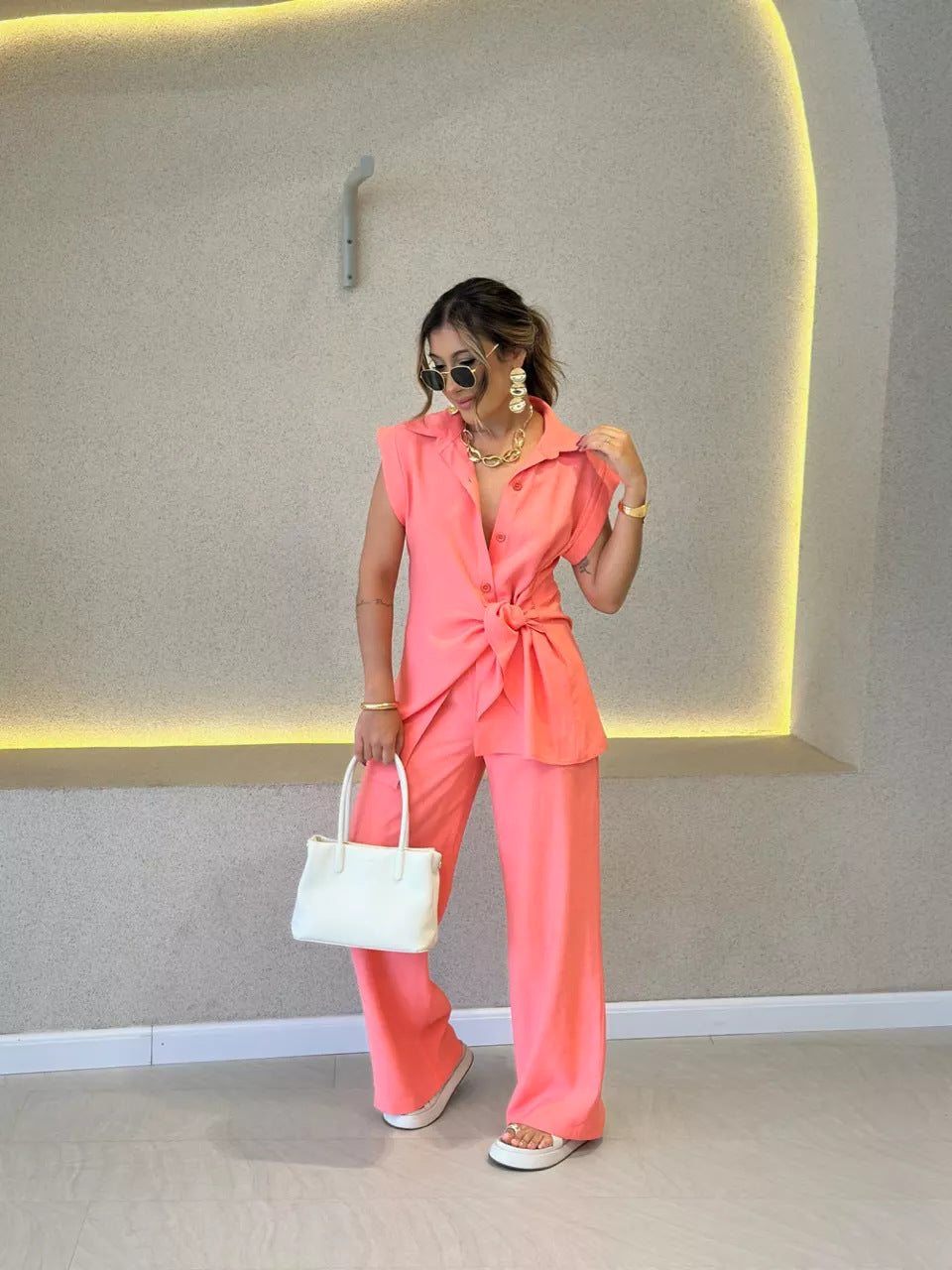 Women's Casual Oversized Shirt with Tie Belt and Wide-Leg Pants