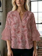 Women's Blouse with Voluminous Flutter Sleeves and Leaf Print