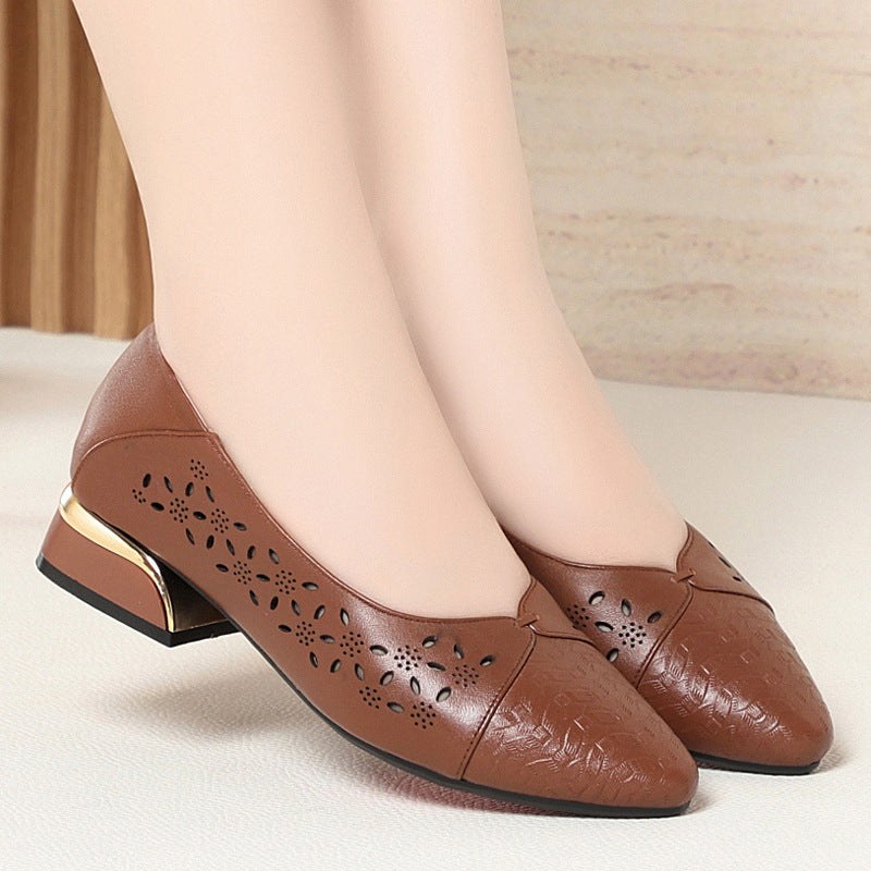 Women's Ballet Flats with Decorative Cut-Out Design and Block Heel