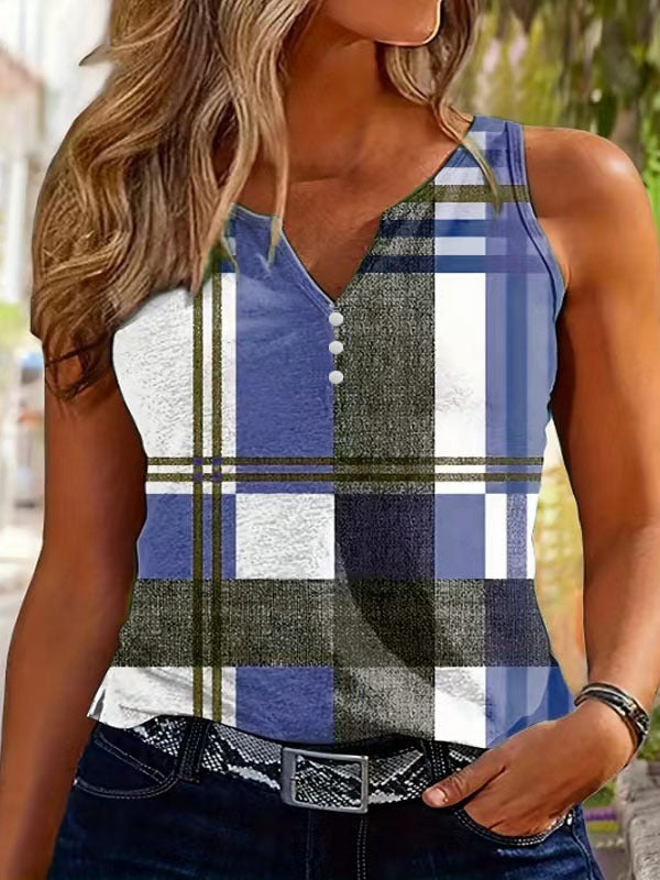 Women's Sleeveless V-Neck Top with Button Detail and Plaid Pattern
