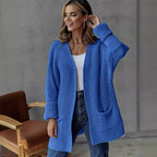 Women's Large Knit Cardigan with Ribbed Design and Pockets