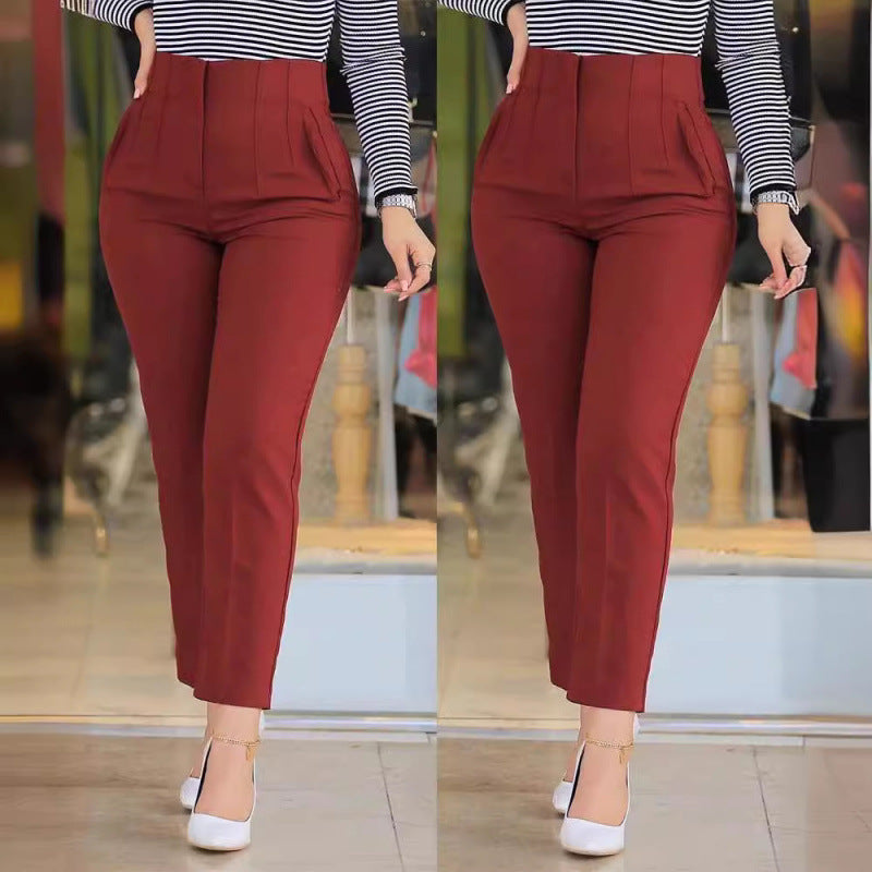 Women's High-Waisted Slimming Pants with Decorative Stitching