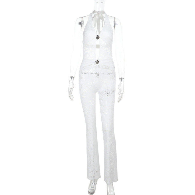Women's Jumpsuit with Lace Detail and Deep V-Neck
