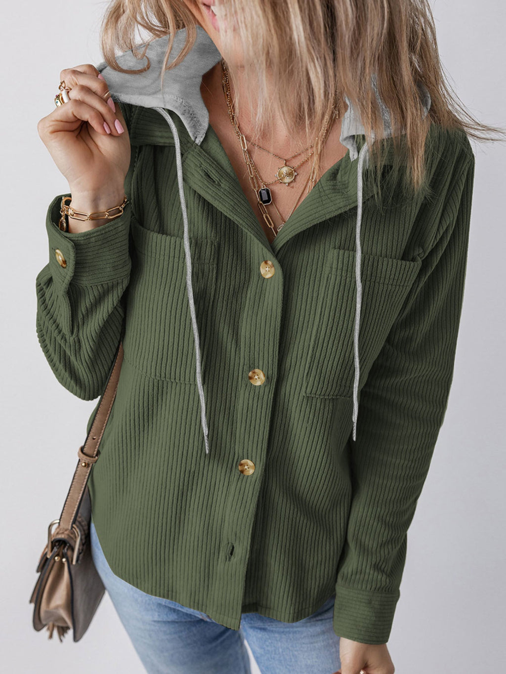 Women's Hooded Blouse with Textured Fabric and Practical Button Details