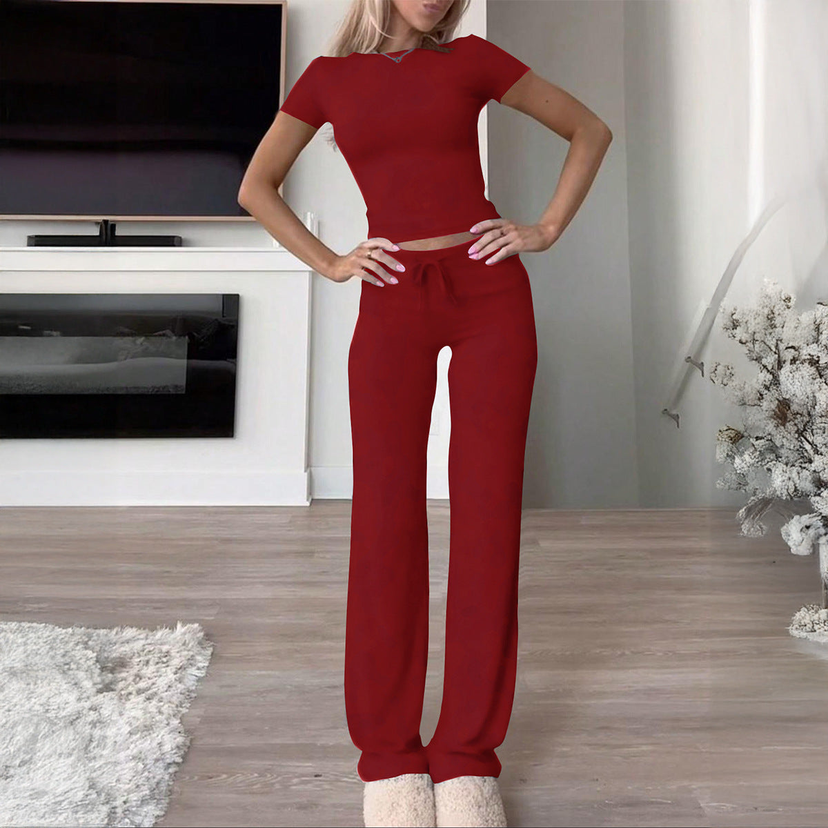 Women's Comfortable Lounge Set with Crop Top and Wide-Leg Pants