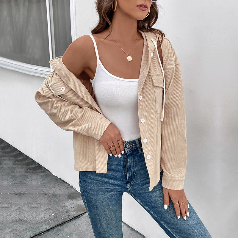 Women's Corduroy Jacket with Hood and Button Closure
