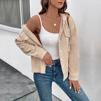 Women's Corduroy Jacket with Hood and Button Closure