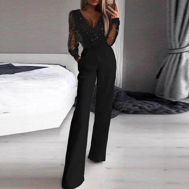 Women's Elegant Jumpsuit with Sheer Blouse and Shimmering Accents
