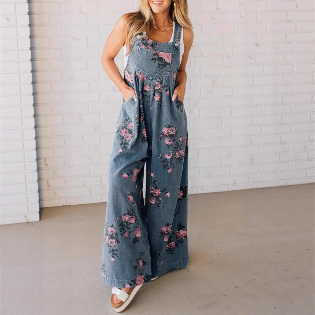 Women's Casual Denim Jumpsuit with Floral Print and Wide Legs