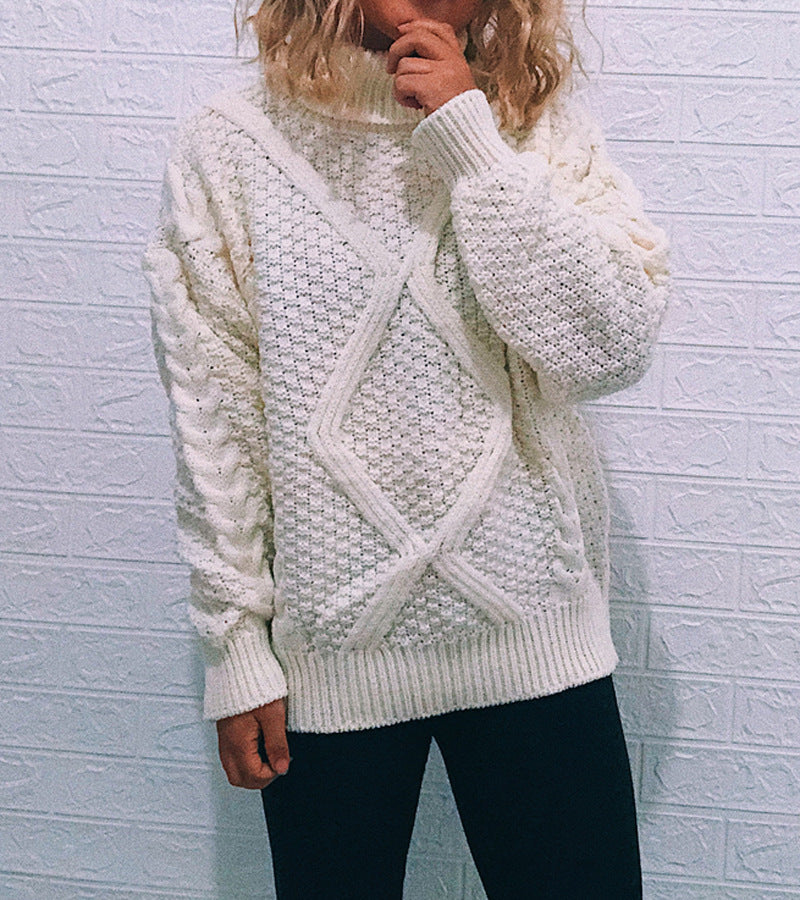 Women's Chunky Knit Sweater with Cable Pattern and High Collar