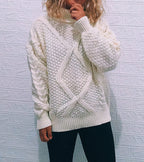 Women's Chunky Knit Sweater with Cable Pattern and High Collar