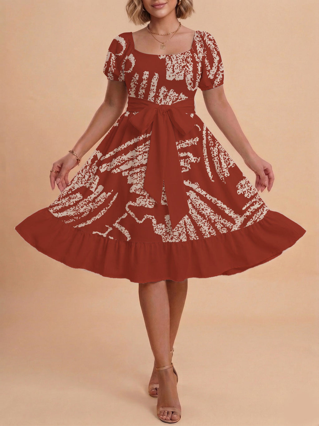 Women's A-Line Dress with Floral Motifs and Adjustable Belt