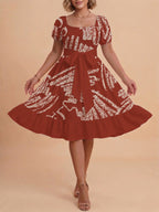 Women's A-Line Dress with Floral Motifs and Adjustable Belt