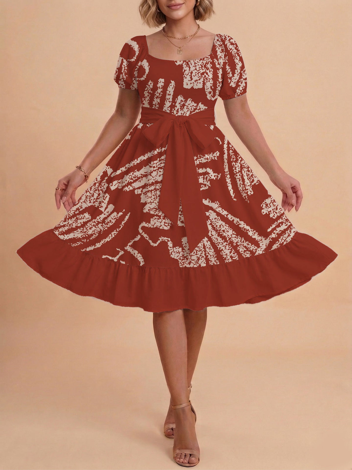 Women's A-Line Dress with Floral Motifs and Adjustable Belt