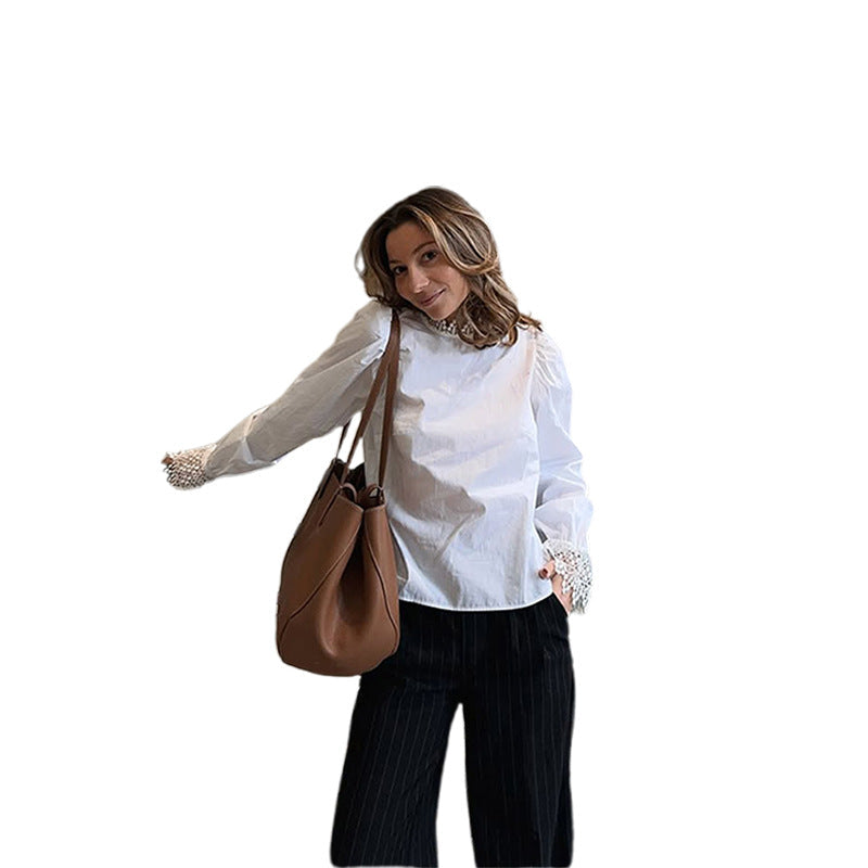 Women's Blouse with Lace Accents and Puff Sleeves