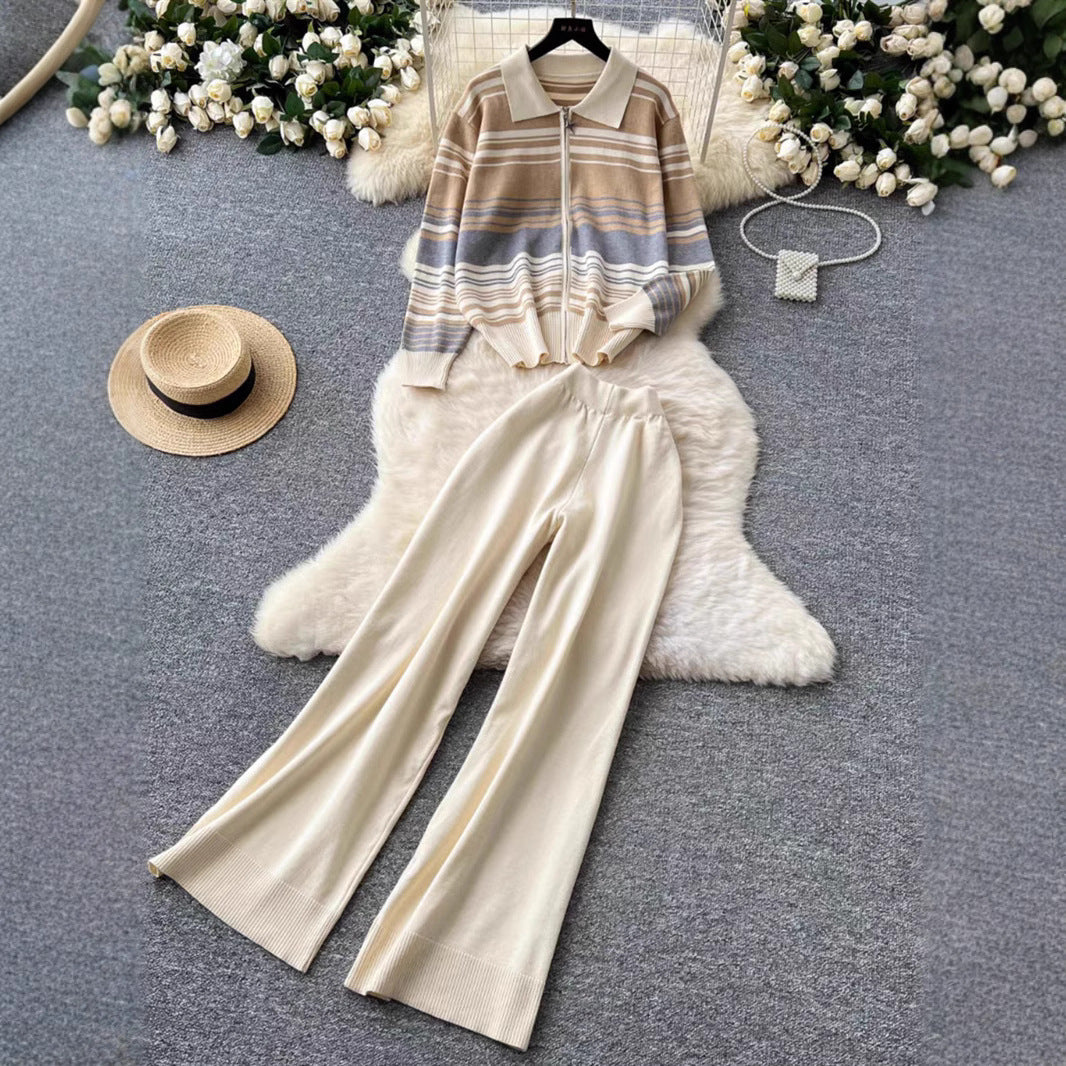 Women's Fashionable Loungewear Set with Zipper and Wide Leg