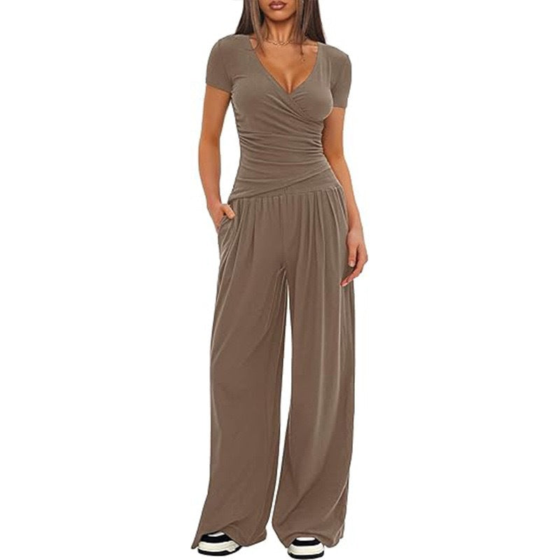 Women's Elegant Wrap Jumpsuit with Wide Leg and Fashionable Details