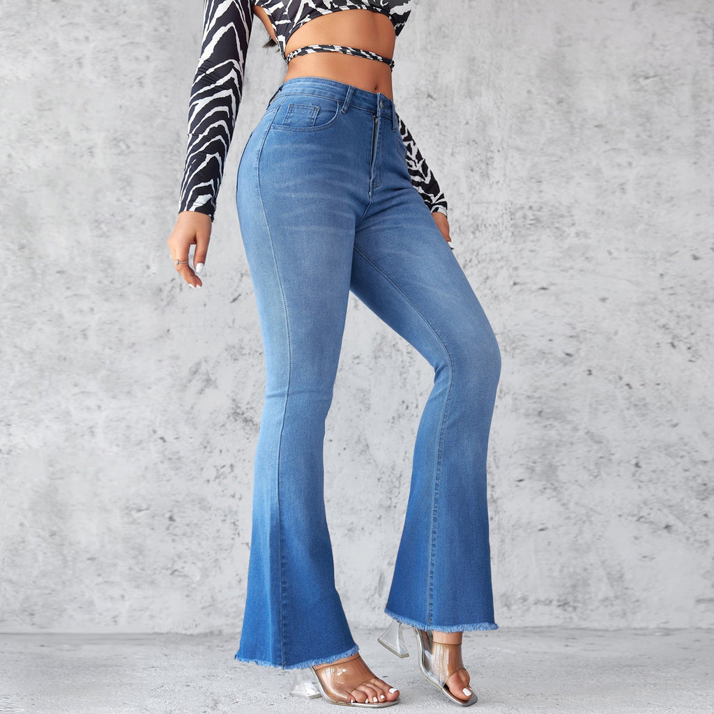 Women's Flared Jeans with High Waist and Frayed Hem