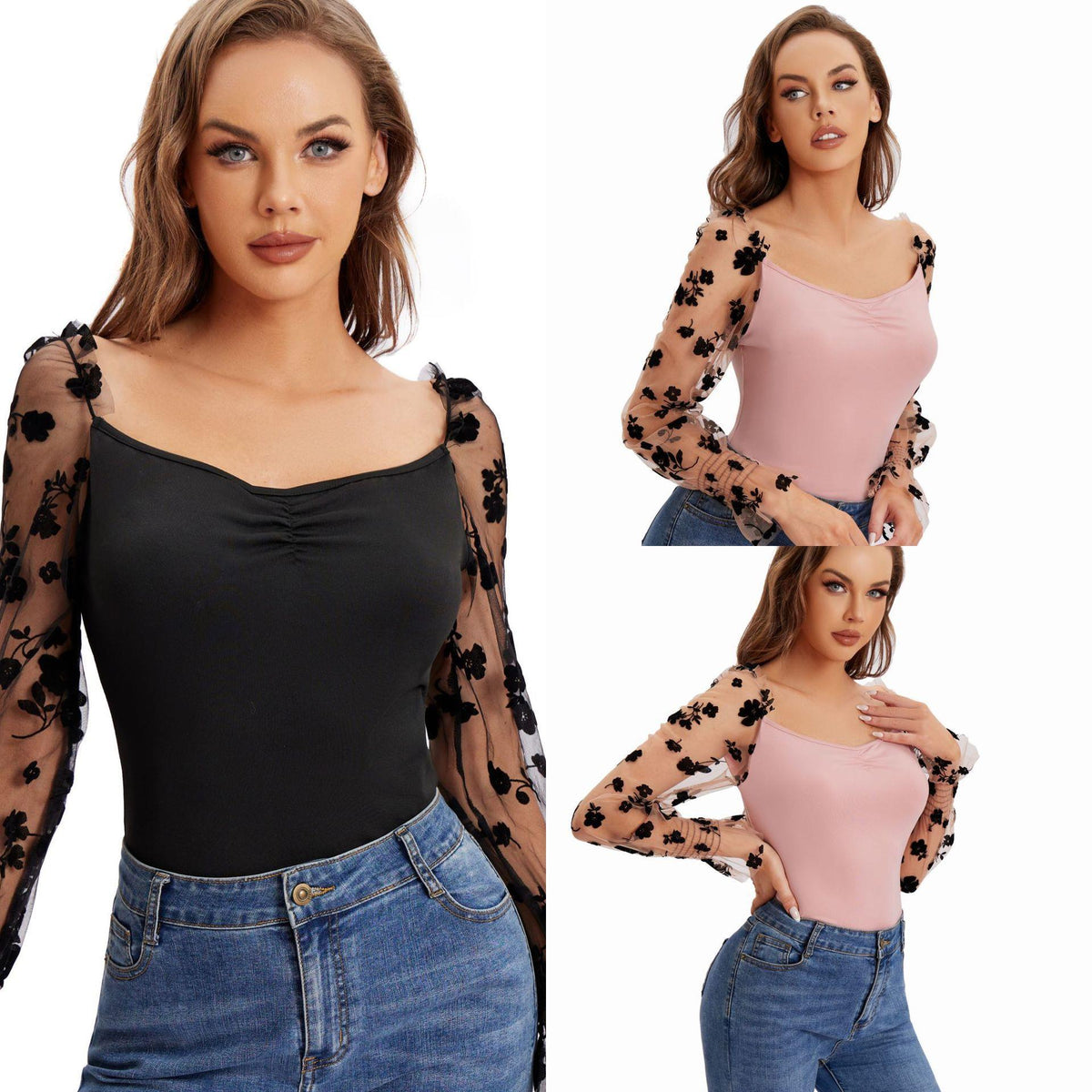 Women's Bodysuit with Floral Puff Sleeves