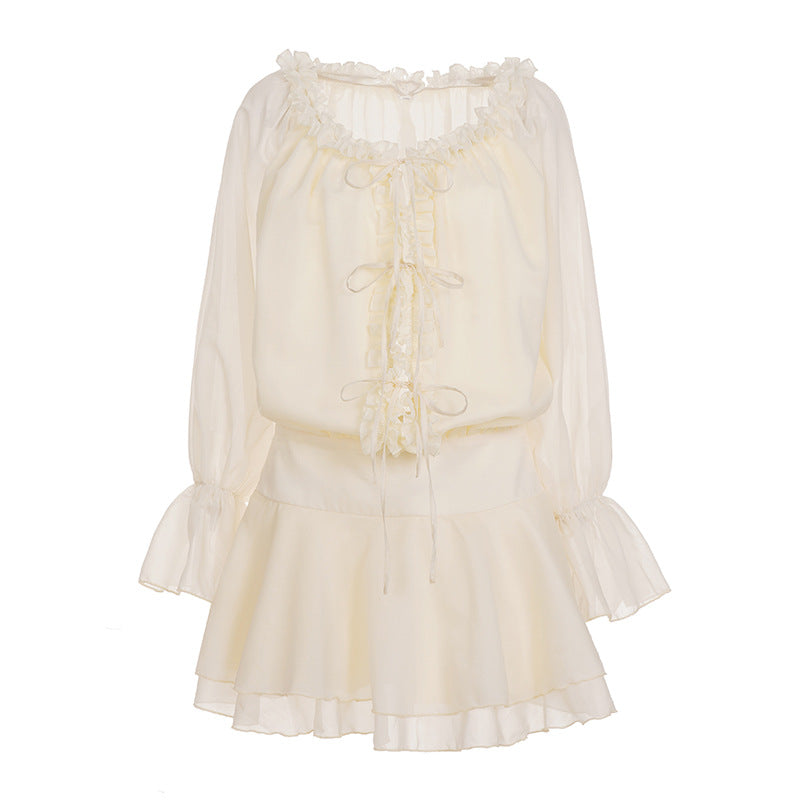 Women's Blouse with Ruffle Details and Lace-Up Accents