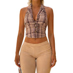 Women's Sleeveless Plaid Top with Collar and Button Details